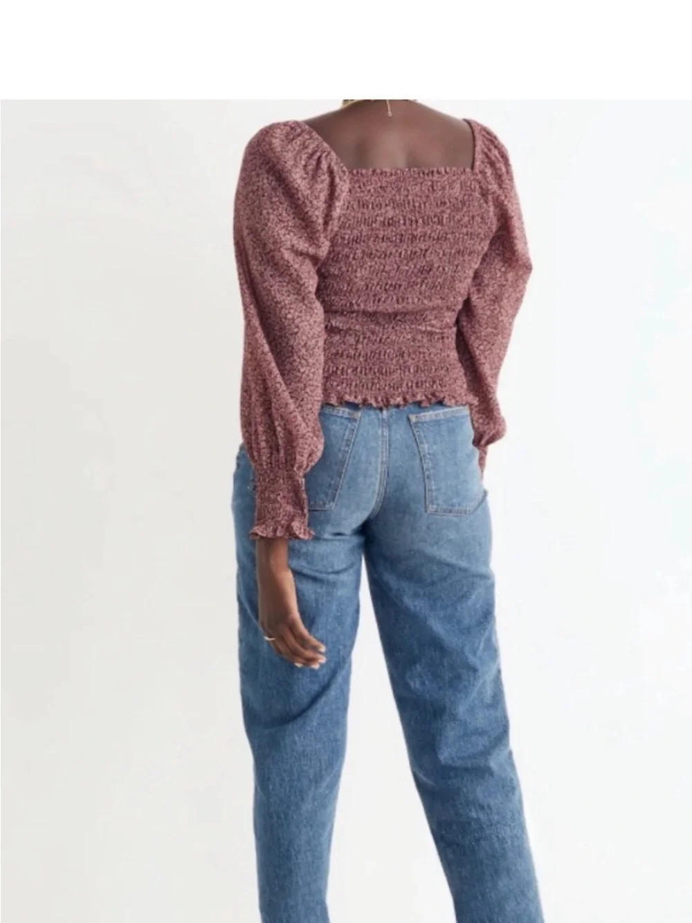 Madewell Lucie Smocked Square-Neck Long Sleeve Top in Dusty Mauve-xs